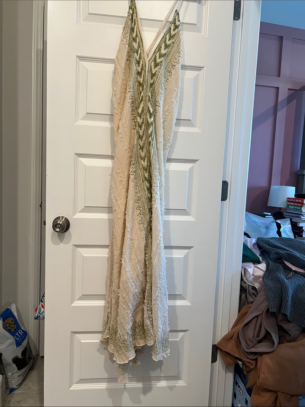 Karma Highway Boho Cream Maxi Dress with Olive Embroidery